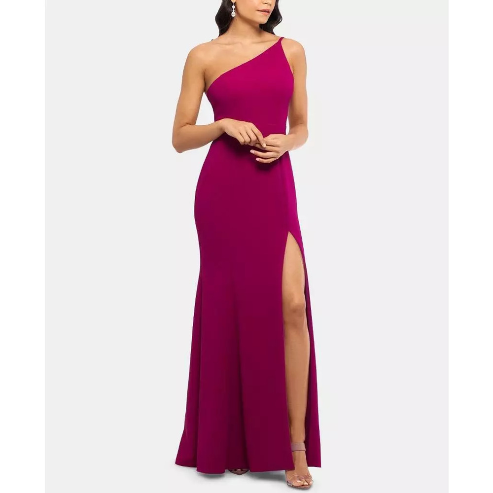 $219 Xscape Magenta One Shoulder Crepe Strappy Back Gown 2 NEW